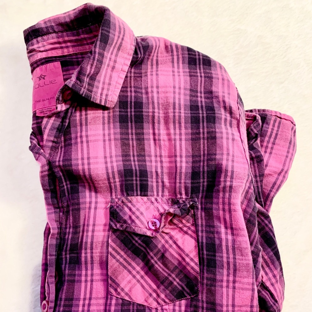 Pink + Black Button Down Plaid Shirt